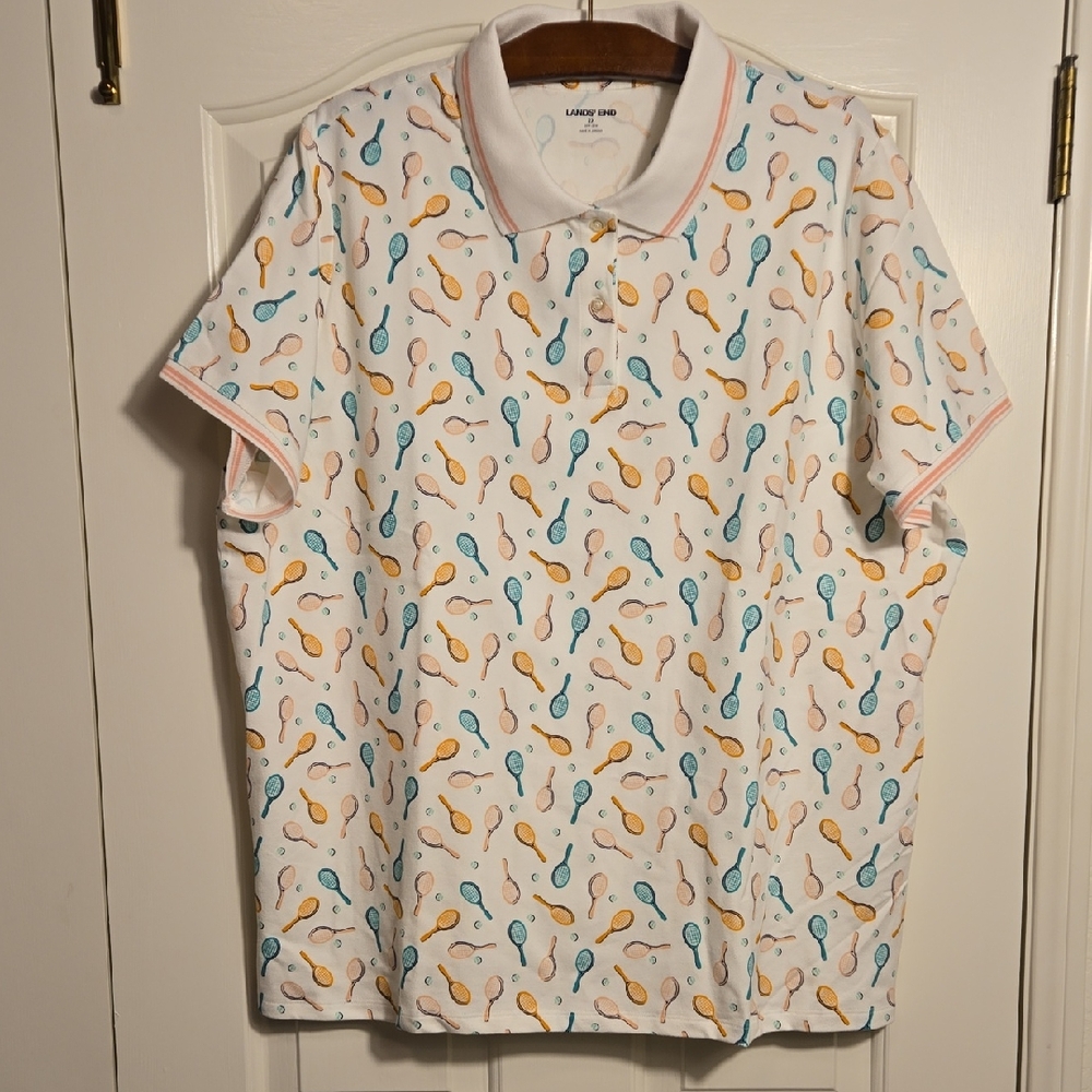 Lands' End Women's Short Sleeve Polo with White Tennis Racket Print Sz 2X